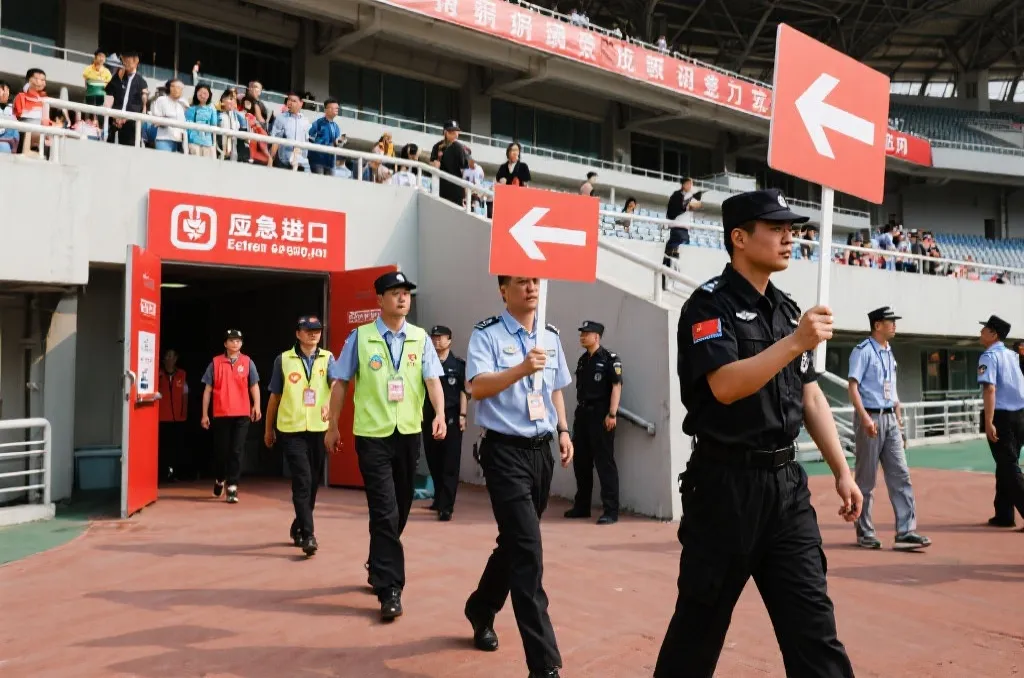 安保人员与志愿者在紧急出口处进行现场引导与演练